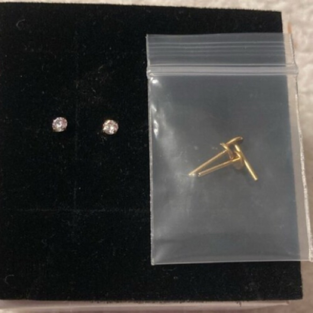 2 Titanium 8mm Cubic Zirconium Yellow Gold Push Pin Flat Back Earrings